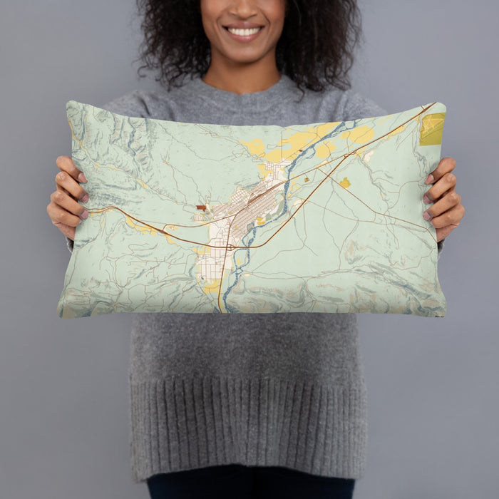 Person holding 20x12 Custom Livingston Montana Map Throw Pillow in Woodblock