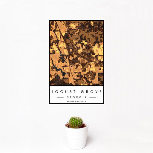12x18 Locust Grove Georgia Map Print Portrait Orientation in Ember Style With Small Cactus Plant in White Planter
