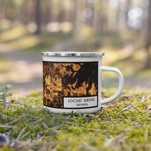 Right View Custom Locust Grove Georgia Map Enamel Mug in Ember on Grass With Trees in Background