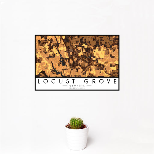 12x18 Locust Grove Georgia Map Print Landscape Orientation in Ember Style With Small Cactus Plant in White Planter