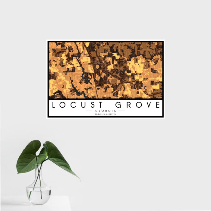 16x24 Locust Grove Georgia Map Print Landscape Orientation in Ember Style With Tropical Plant Leaves in Water