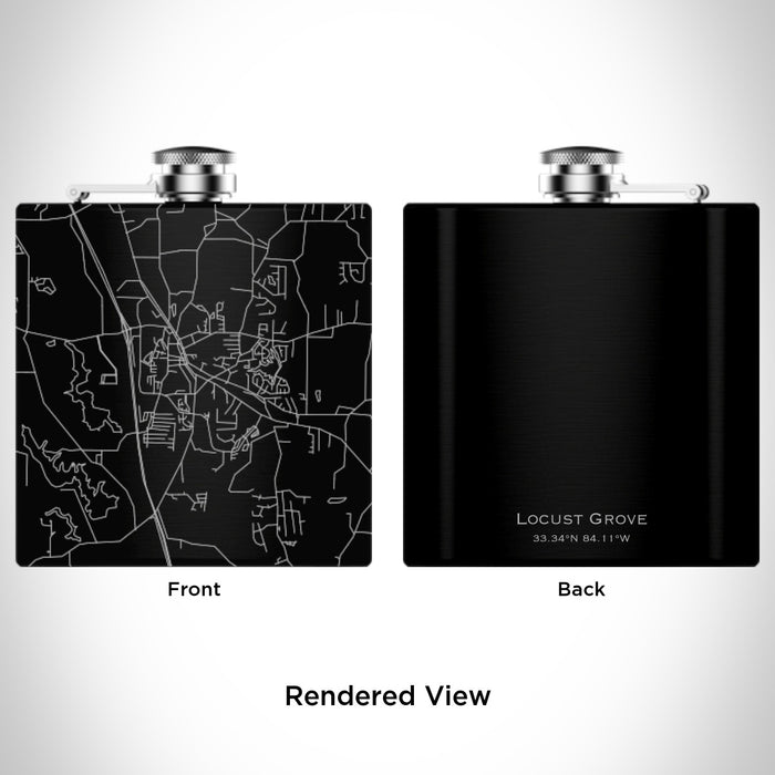 Rendered View of Locust Grove Georgia Map Engraving on 6oz Stainless Steel Flask in Black