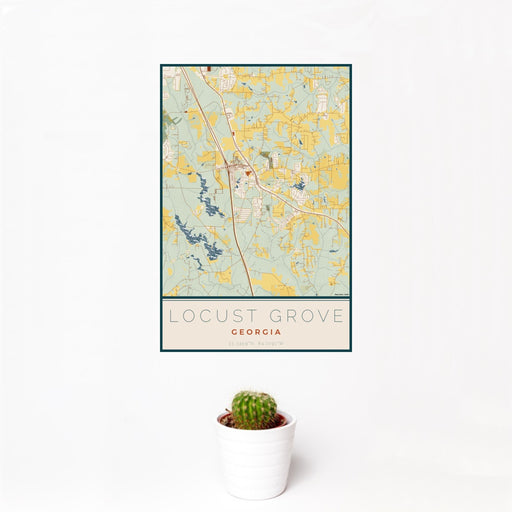 12x18 Locust Grove Georgia Map Print Portrait Orientation in Woodblock Style With Small Cactus Plant in White Planter