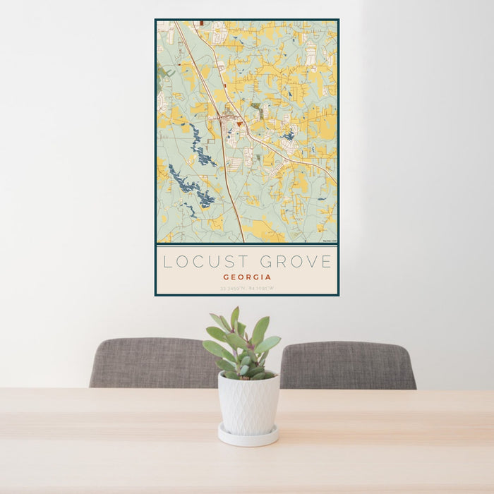 24x36 Locust Grove Georgia Map Print Portrait Orientation in Woodblock Style Behind 2 Chairs Table and Potted Plant