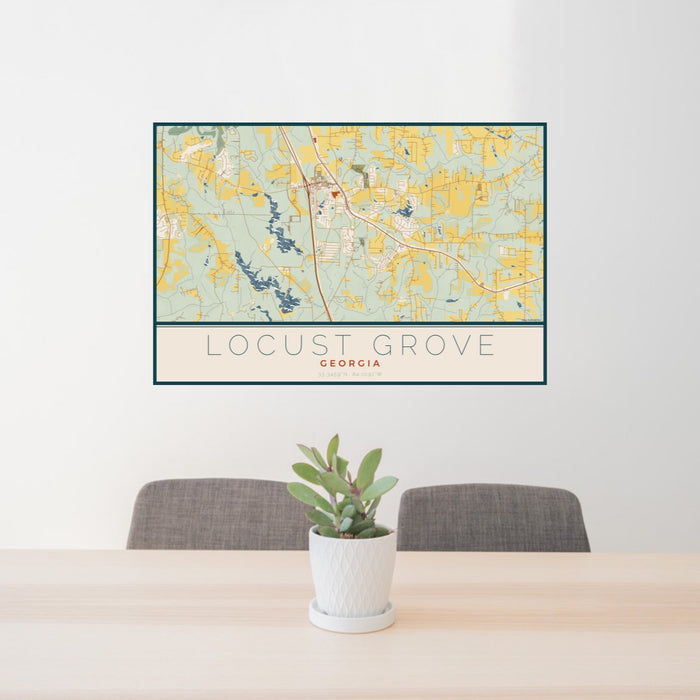 24x36 Locust Grove Georgia Map Print Landscape Orientation in Woodblock Style Behind 2 Chairs Table and Potted Plant
