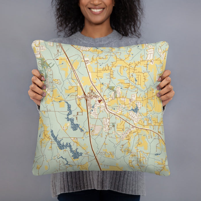 Person holding 18x18 Custom Locust Grove Georgia Map Throw Pillow in Woodblock