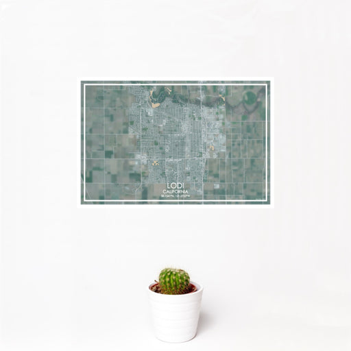 12x18 Lodi California Map Print Landscape Orientation in Afternoon Style With Small Cactus Plant in White Planter