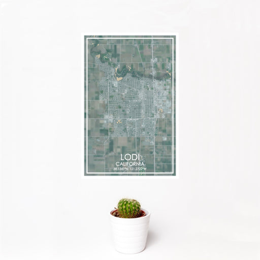 12x18 Lodi California Map Print Portrait Orientation in Afternoon Style With Small Cactus Plant in White Planter