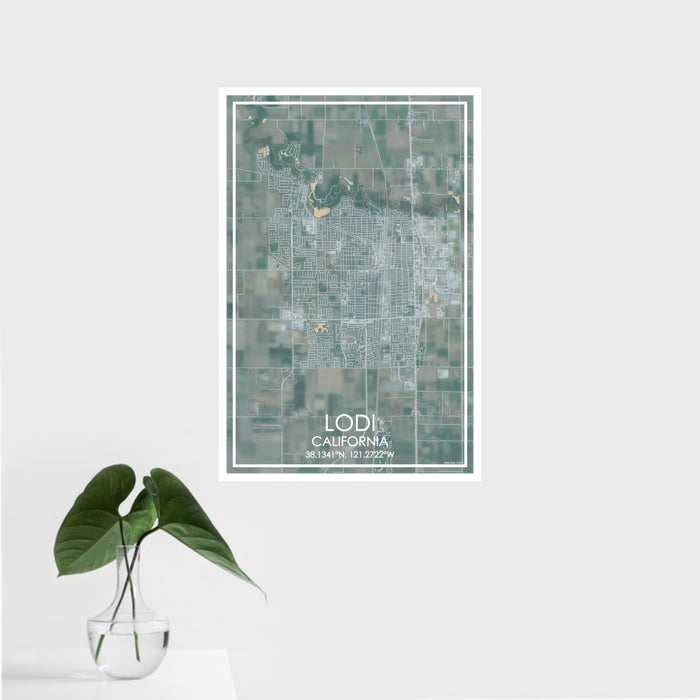 16x24 Lodi California Map Print Portrait Orientation in Afternoon Style With Tropical Plant Leaves in Water