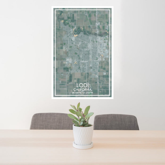 24x36 Lodi California Map Print Portrait Orientation in Afternoon Style Behind 2 Chairs Table and Potted Plant