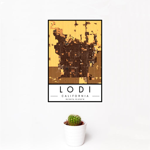 12x18 Lodi California Map Print Portrait Orientation in Ember Style With Small Cactus Plant in White Planter