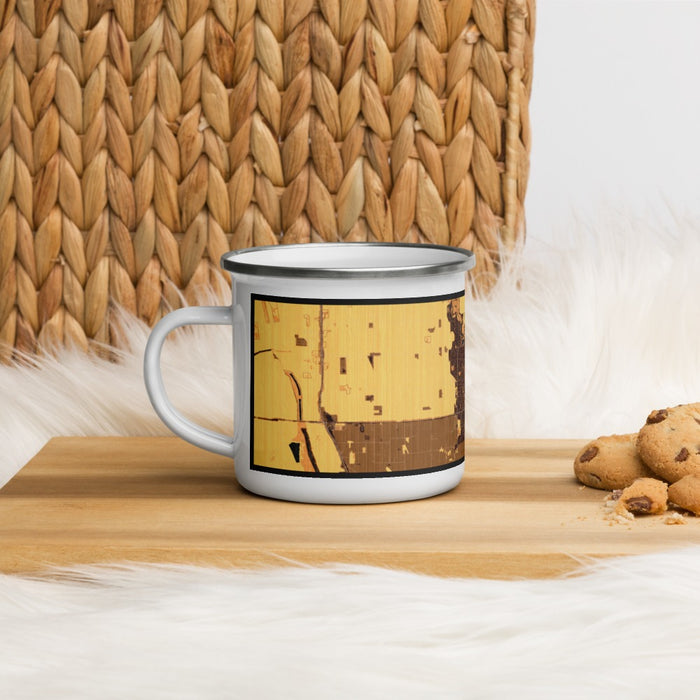 Left View Custom Lodi California Map Enamel Mug in Ember on Table Top