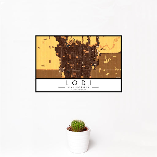 12x18 Lodi California Map Print Landscape Orientation in Ember Style With Small Cactus Plant in White Planter