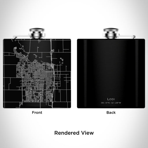 Rendered View of Lodi California Map Engraving on 6oz Stainless Steel Flask in Black