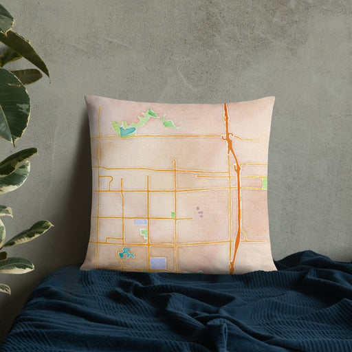 Custom Lodi California Map Throw Pillow in Watercolor on Bedding Against Wall