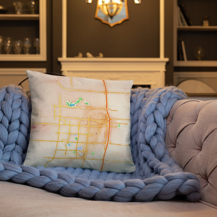 Custom Lodi California Map Throw Pillow in Watercolor on Cream Colored Couch