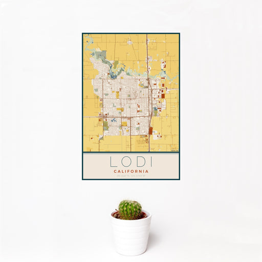 12x18 Lodi California Map Print Portrait Orientation in Woodblock Style With Small Cactus Plant in White Planter