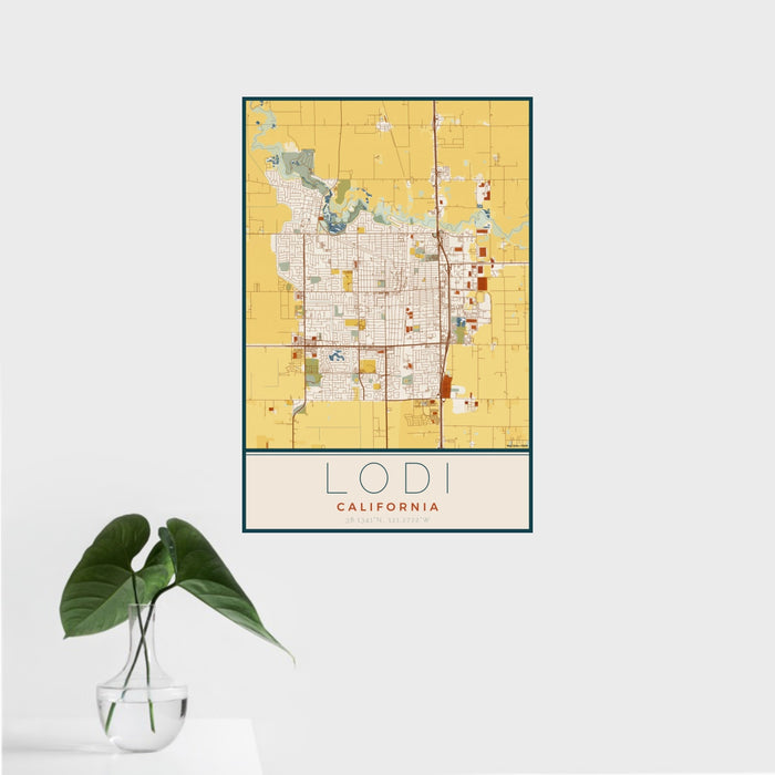 16x24 Lodi California Map Print Portrait Orientation in Woodblock Style With Tropical Plant Leaves in Water