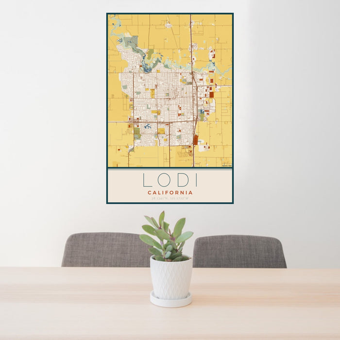 24x36 Lodi California Map Print Portrait Orientation in Woodblock Style Behind 2 Chairs Table and Potted Plant