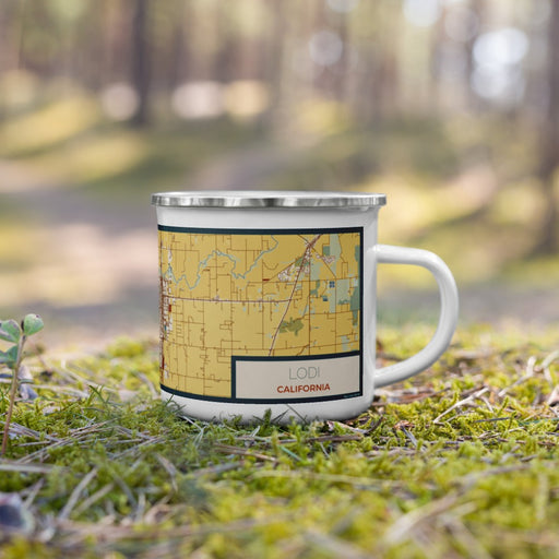 Right View Custom Lodi California Map Enamel Mug in Woodblock on Grass With Trees in Background