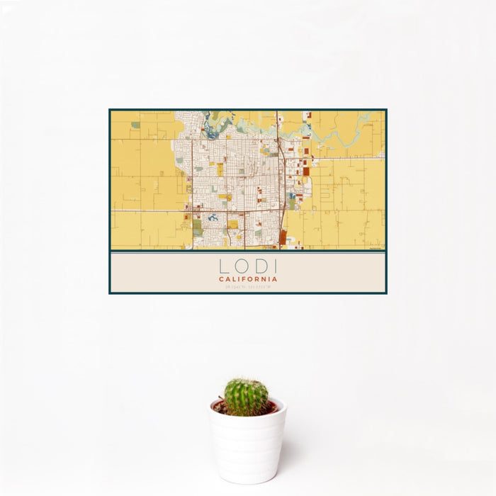 12x18 Lodi California Map Print Landscape Orientation in Woodblock Style With Small Cactus Plant in White Planter