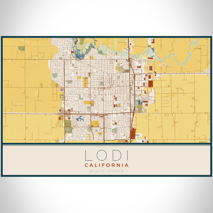 Lodi California Map Print Landscape Orientation in Woodblock Style With Shaded Background
