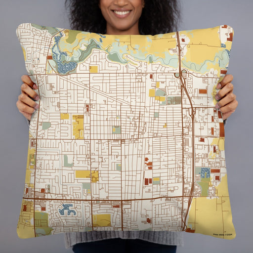 Person holding 22x22 Custom Lodi California Map Throw Pillow in Woodblock