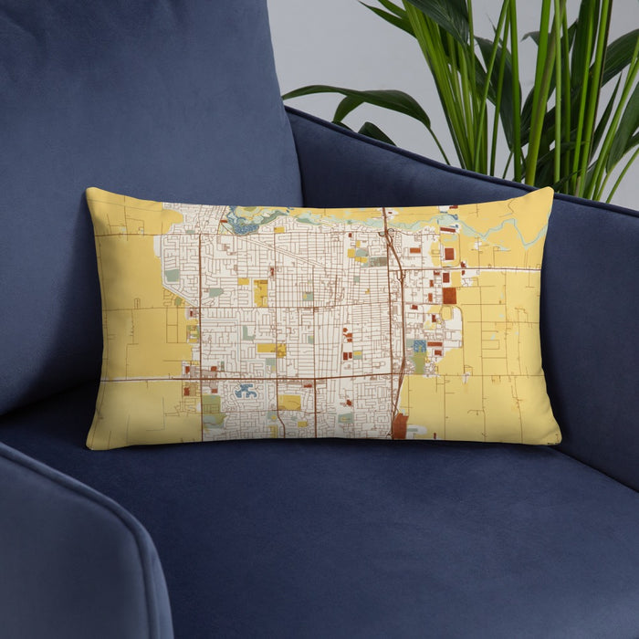 Custom Lodi California Map Throw Pillow in Woodblock on Blue Colored Chair