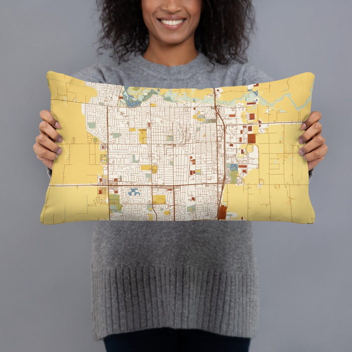 Person holding 20x12 Custom Lodi California Map Throw Pillow in Woodblock