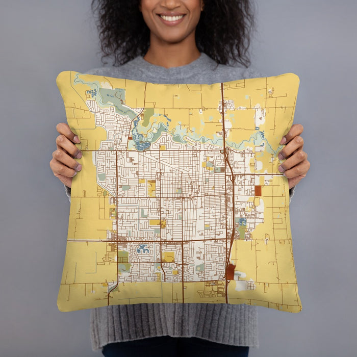 Person holding 18x18 Custom Lodi California Map Throw Pillow in Woodblock