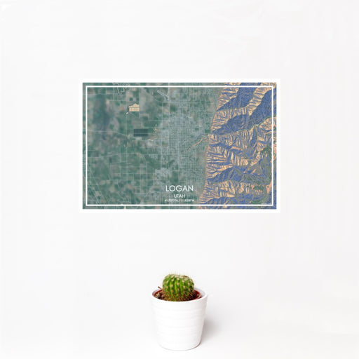 12x18 Logan Utah Map Print Landscape Orientation in Afternoon Style With Small Cactus Plant in White Planter