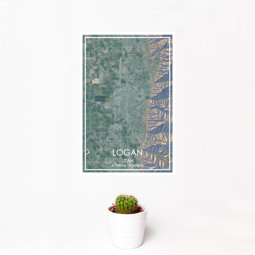 12x18 Logan Utah Map Print Portrait Orientation in Afternoon Style With Small Cactus Plant in White Planter