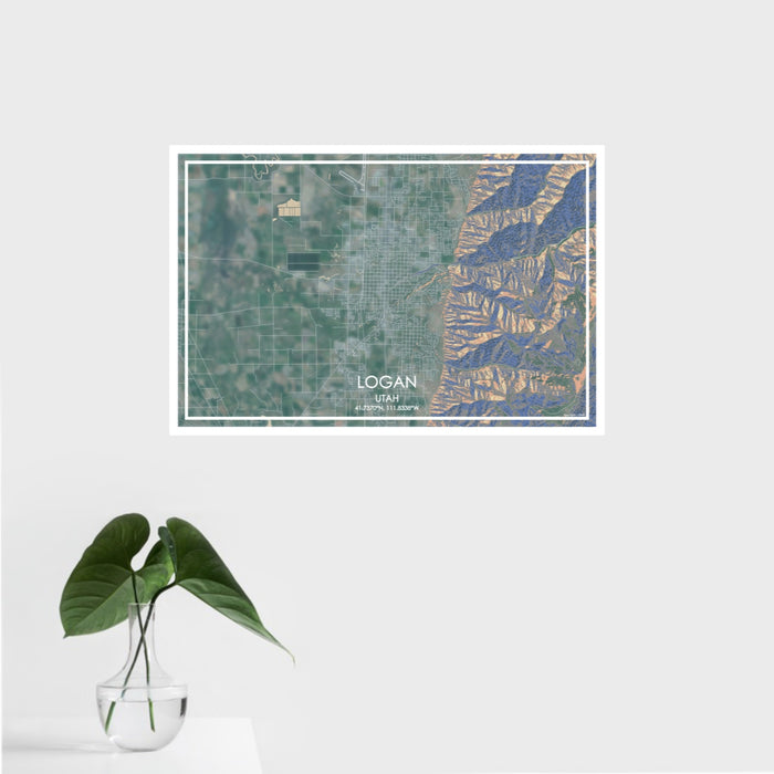 16x24 Logan Utah Map Print Landscape Orientation in Afternoon Style With Tropical Plant Leaves in Water