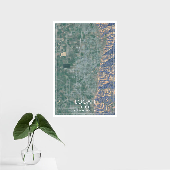 16x24 Logan Utah Map Print Portrait Orientation in Afternoon Style With Tropical Plant Leaves in Water