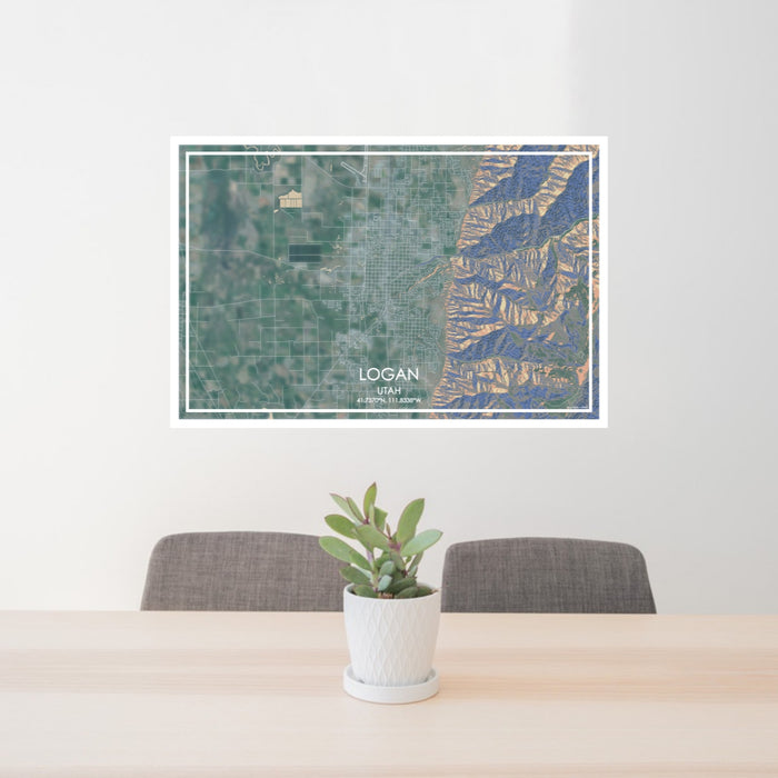 24x36 Logan Utah Map Print Lanscape Orientation in Afternoon Style Behind 2 Chairs Table and Potted Plant