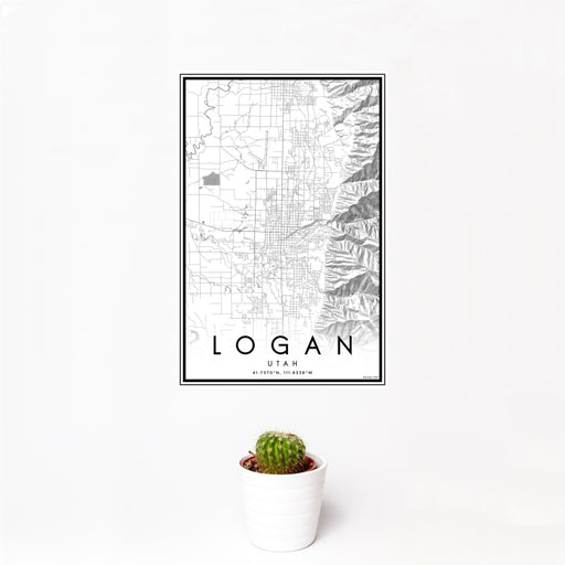 12x18 Logan Utah Map Print Portrait Orientation in Classic Style With Small Cactus Plant in White Planter