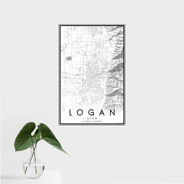 16x24 Logan Utah Map Print Portrait Orientation in Classic Style With Tropical Plant Leaves in Water