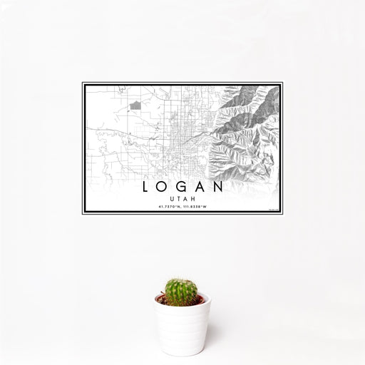 12x18 Logan Utah Map Print Landscape Orientation in Classic Style With Small Cactus Plant in White Planter