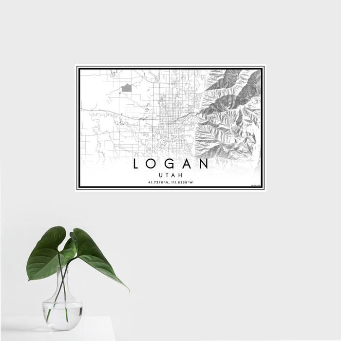 16x24 Logan Utah Map Print Landscape Orientation in Classic Style With Tropical Plant Leaves in Water