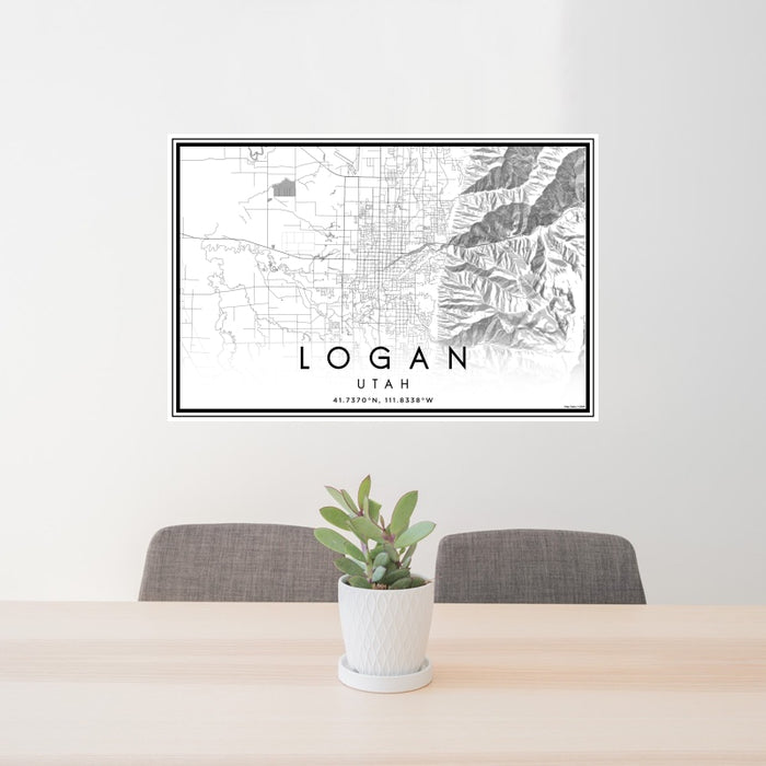 24x36 Logan Utah Map Print Landscape Orientation in Classic Style Behind 2 Chairs Table and Potted Plant