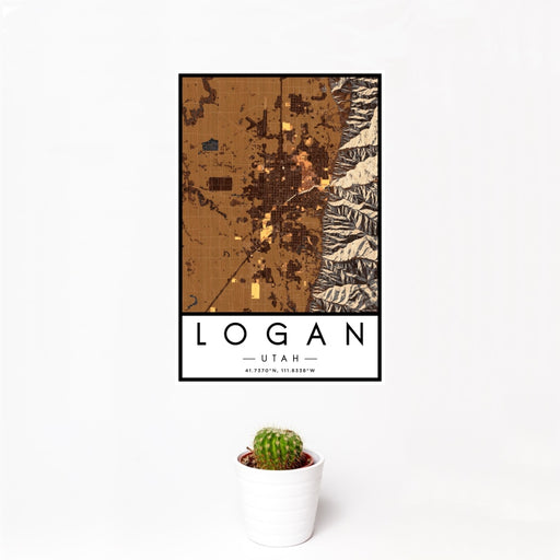 12x18 Logan Utah Map Print Portrait Orientation in Ember Style With Small Cactus Plant in White Planter