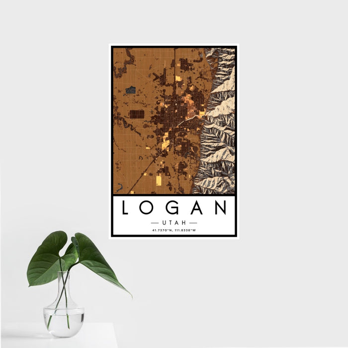 16x24 Logan Utah Map Print Portrait Orientation in Ember Style With Tropical Plant Leaves in Water