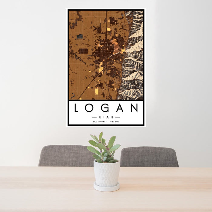 24x36 Logan Utah Map Print Portrait Orientation in Ember Style Behind 2 Chairs Table and Potted Plant