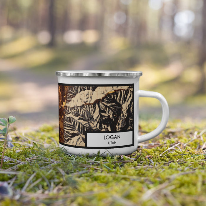 Right View Custom Logan Utah Map Enamel Mug in Ember on Grass With Trees in Background