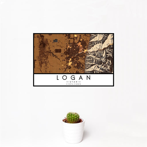 12x18 Logan Utah Map Print Landscape Orientation in Ember Style With Small Cactus Plant in White Planter