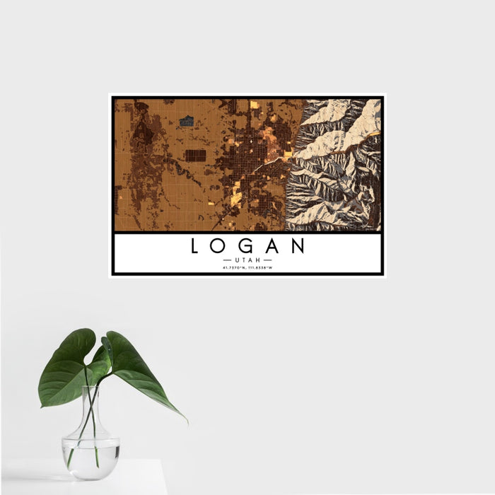 16x24 Logan Utah Map Print Landscape Orientation in Ember Style With Tropical Plant Leaves in Water