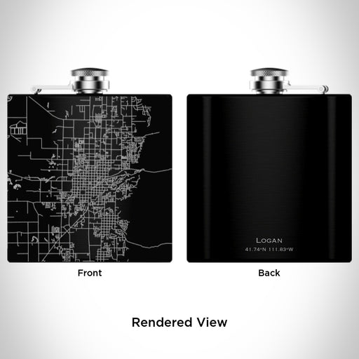 Rendered View of Logan Utah Map Engraving on 6oz Stainless Steel Flask in Black