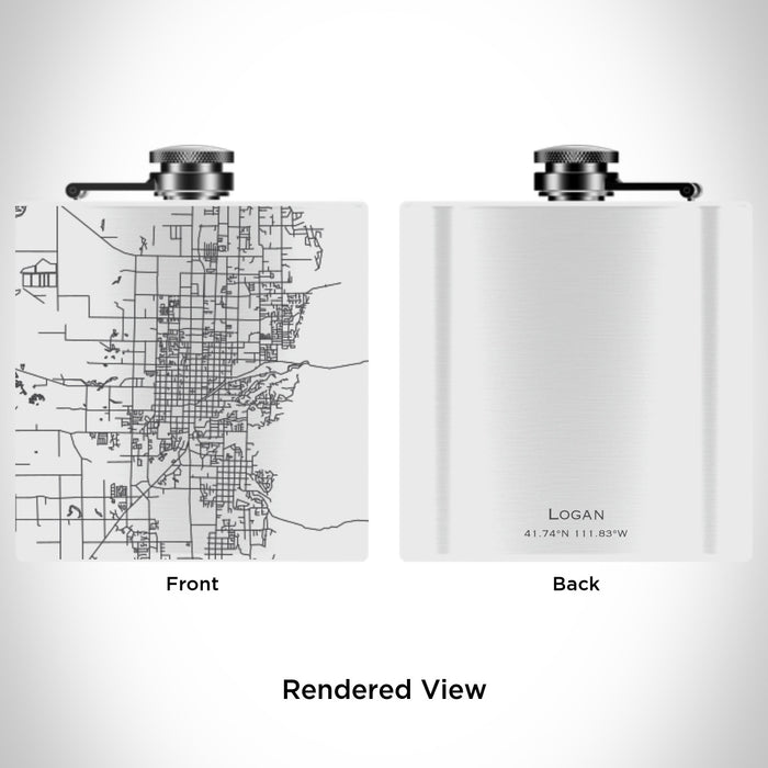 Rendered View of Logan Utah Map Engraving on 6oz Stainless Steel Flask in White