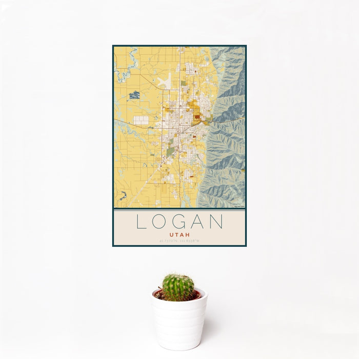 12x18 Logan Utah Map Print Portrait Orientation in Woodblock Style With Small Cactus Plant in White Planter