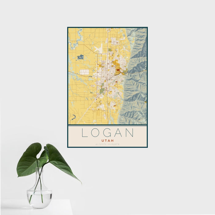 16x24 Logan Utah Map Print Portrait Orientation in Woodblock Style With Tropical Plant Leaves in Water